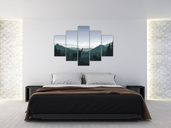 Obraz - Jeleň s vlkom v skalách (150x105 cm)