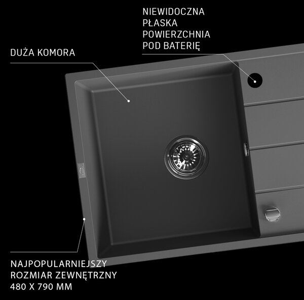 Laveo Wolin, 1-komorový granitový drez 780x480x185 mm, čierna škvrnitá, LAV-SPW_711T