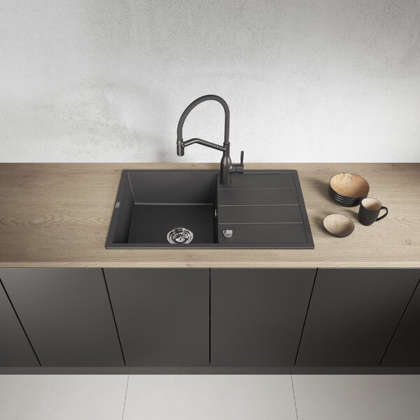 Laveo Wolin, 1-komorový granitový drez 780x480x185 mm, čierna škvrnitá, LAV-SPW_711T