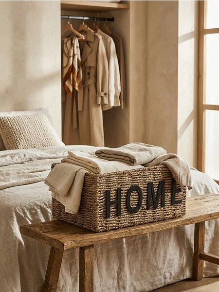 Sinsay - Pletený úložný kôš s nápisom Home - béžová
