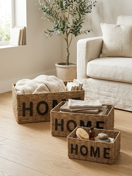 Sinsay - Pletený úložný kôš s nápisom Home - béžová