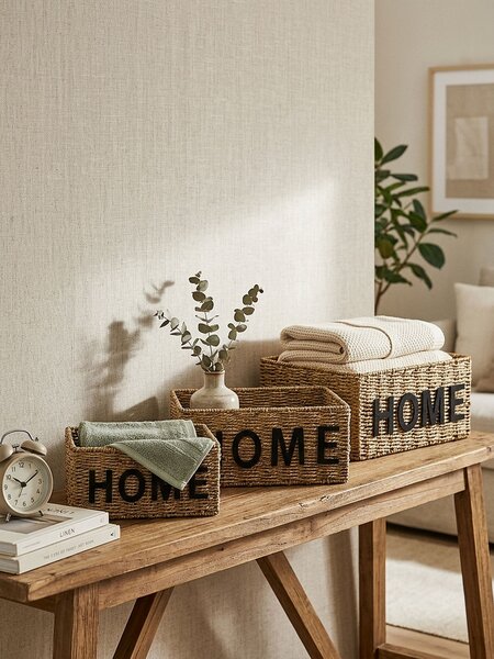 Sinsay - Pletený úložný kôš s nápisom Home - béžová