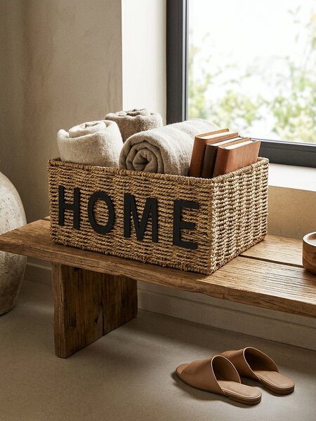 Sinsay - Pletený úložný kôš s nápisom Home - béžová