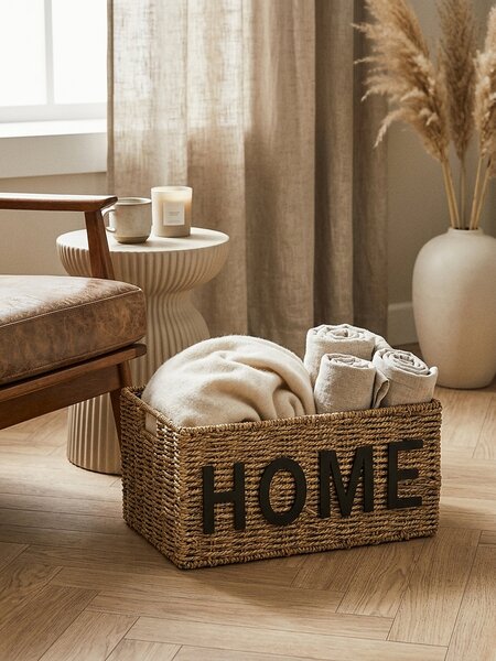 Sinsay - Pletený úložný kôš s nápisom Home - béžová