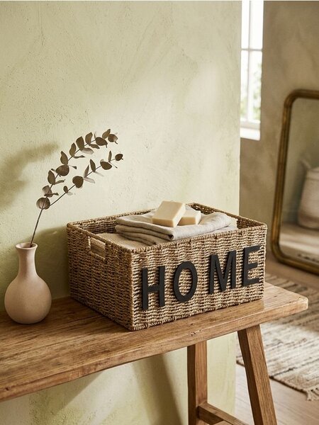 Sinsay - Pletený úložný kôš s nápisom Home - béžová