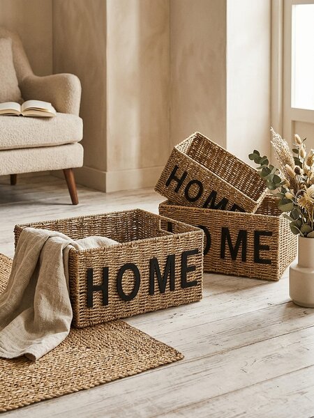 Sinsay - Pletený úložný kôš s nápisom Home - béžová