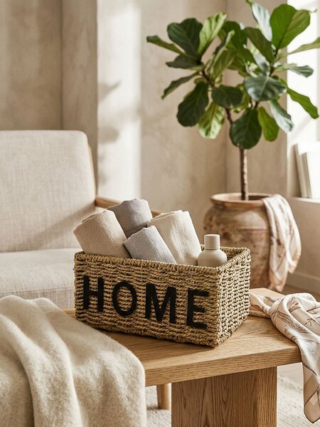 Sinsay - Pletený úložný kôš s nápisom Home - béžová
