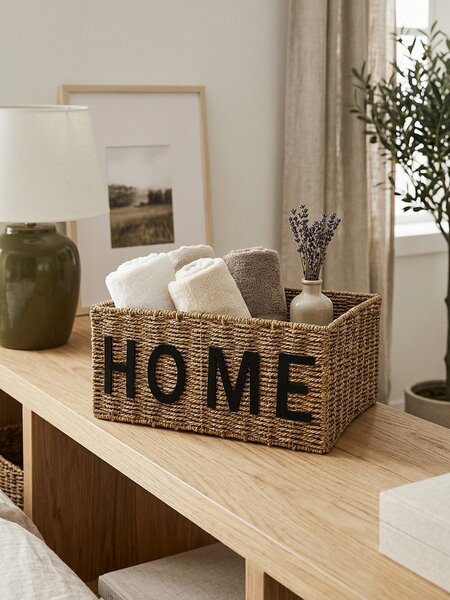 Sinsay - Pletený úložný kôš s nápisom Home - béžová