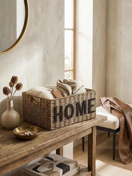 Sinsay - Pletený úložný kôš s nápisom Home - béžová