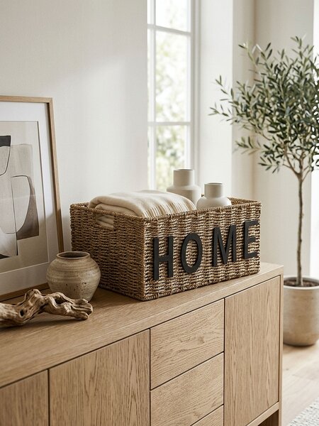 Sinsay - Pletený úložný kôš s nápisom Home - béžová