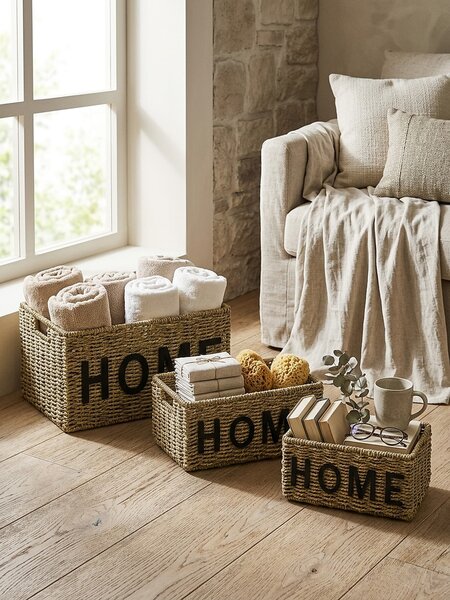 Sinsay - Pletený úložný kôš s nápisom Home - béžová