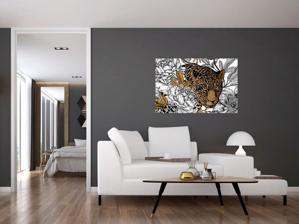 Obraz - Leopard medzi kvetmi (90x60 cm)