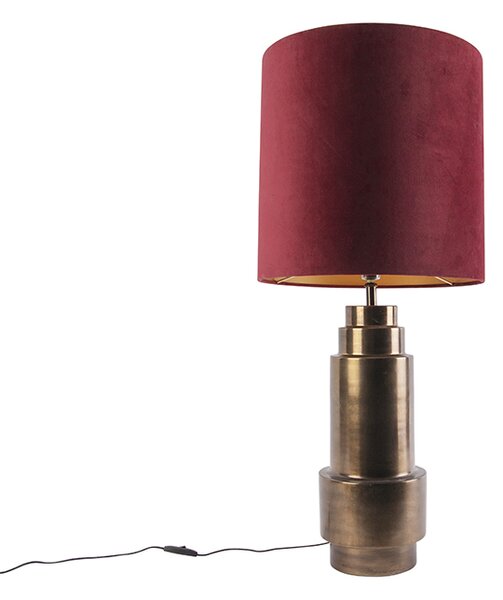 Stolná lampa v štýle art deco bronzový zamatový odtieň červená so zlatou 50cm - Bruut