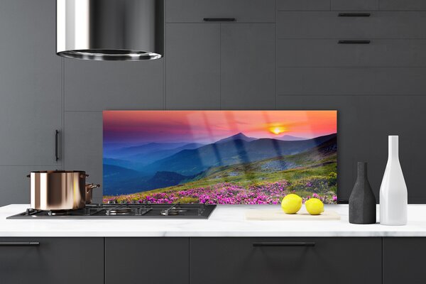 Sklenený obklad Do kuchyne Hory lúka kvety príroda 125x50 cm