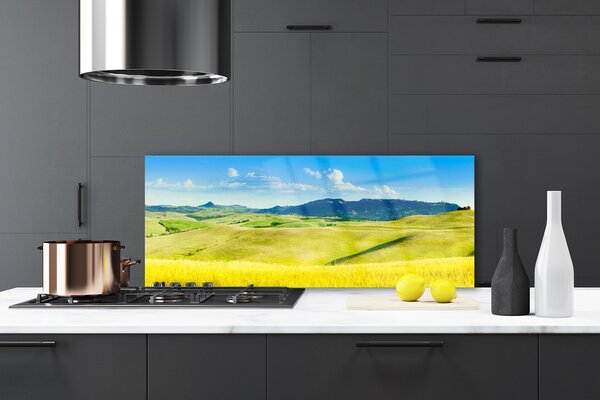 Sklenený obklad Do kuchyne Dedina hory príroda 125x50 cm