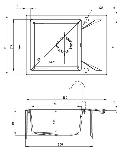 Deante Evora, granitový drez na dosku 590x440x193 mm Z/KO, 3,5" + priestorovo úsporný sifón, 1-komorový, béžová, ZQJ_511A