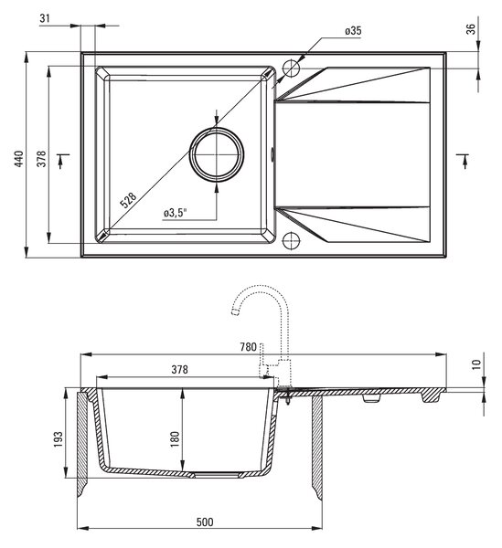 Deante Evora, granitový drez na dosku 780x440x193 mm Z/O, 3,5" + priestorovo úsporný sifón, 1-komorový, grafitová, ZQJ_2113