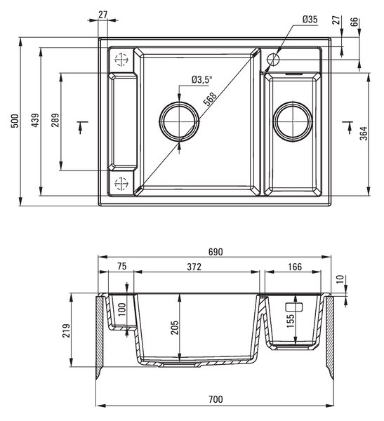 Deante Magnetic, granitový drez na dosku 690x500x219 mm, 3,5" + priestorovo úsporný sifón, 1,5-komorový, šedá, ZRM_S503