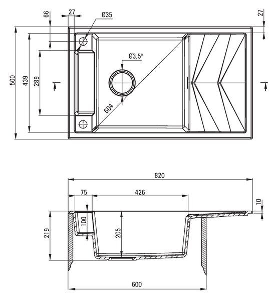 Deante Magnetic, granitový drez na dosku 820x500x219 mm Z/O, 3,5" + priestorovo úsporný sifón, 1-komorový, grafitová metalíza, ZRM_G113
