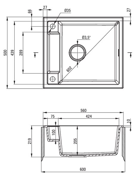 Deante Magnetic, granitový drez na dosku 560x500x219 mm, 3,5" + priestorovo úsporný sifón, 1-komorový, antracitová metalíza, ZRM_T103
