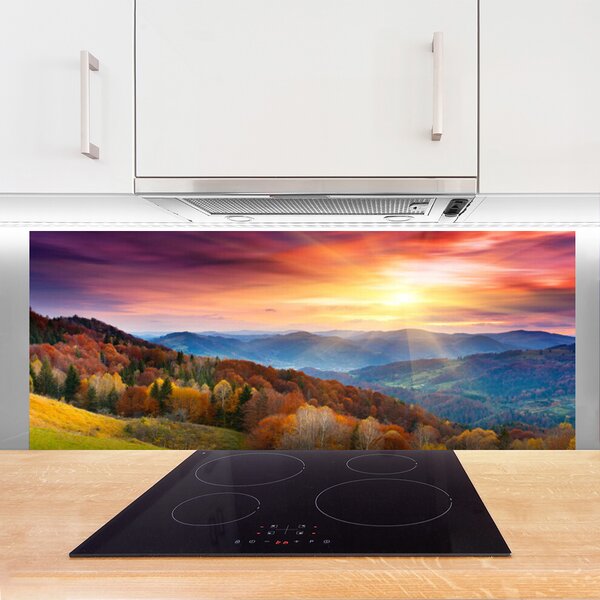 Sklenený obklad Do kuchyne Hora les slnko krajina 125x50 cm