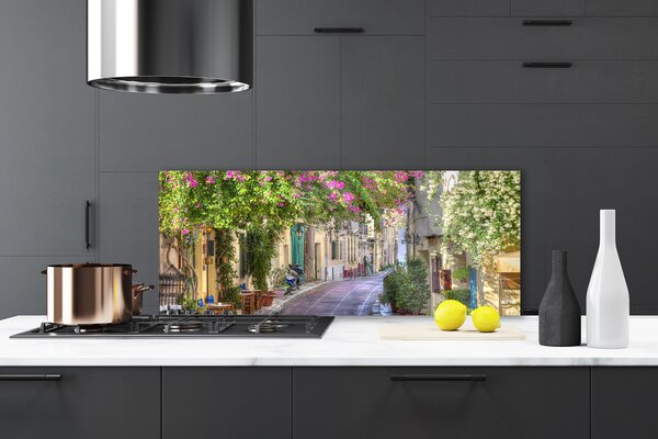 Sklenený obklad Do kuchyne Aleje kvety domy rastlina 125x50 cm