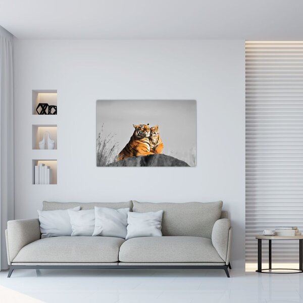 Obraz - Tigrice a jej mláďa, čiernobiely variant (90x60 cm)