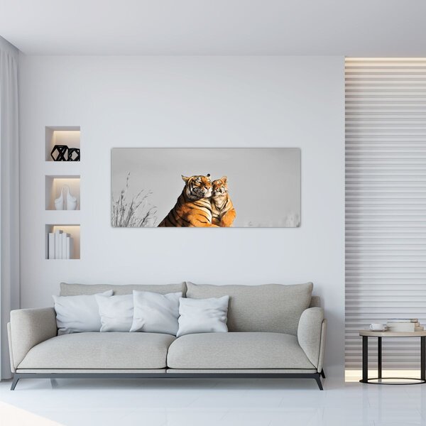 Obraz - Tigrice a jej mláďa, čiernobiely variant (120x50 cm)