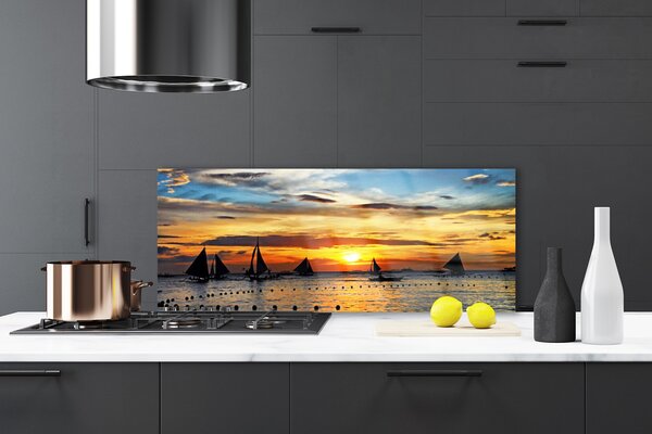 Sklenený obklad Do kuchyne Loďky more slnko krajina 125x50 cm