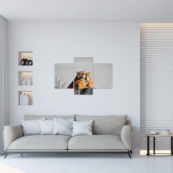 Obraz - Tigrice a jej mláďa, čiernobiely variant (90x60 cm)