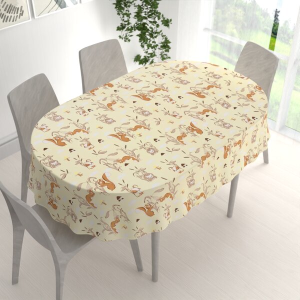 Biante Detský bavlnený oválny obrus Sandra SA-700 Veveričky a ježkovia na svetlo vanilkovom 50x100 cm