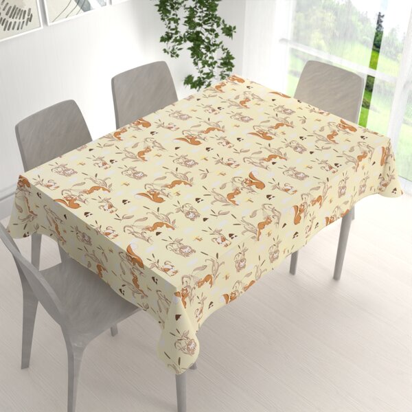 Biante Detský bavlnený obdĺžnikový obrus Sandra SA-700 Veveričky a ježkovia na svetlo vanilkovom 50x100 cm