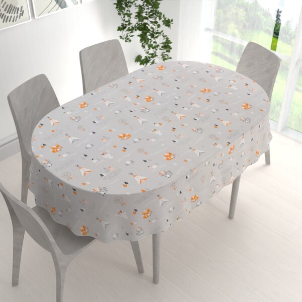 Biante Detský bavlnený oválny obrus Sandra SA-699 Oranžové zvieratká Indiáni na sivom 50x100 cm
