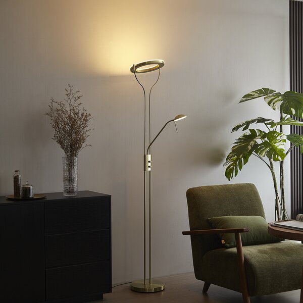 Moderná stojaca lampa zlatá s ramenom na čítanie vrátane LED a stmievača - Divo