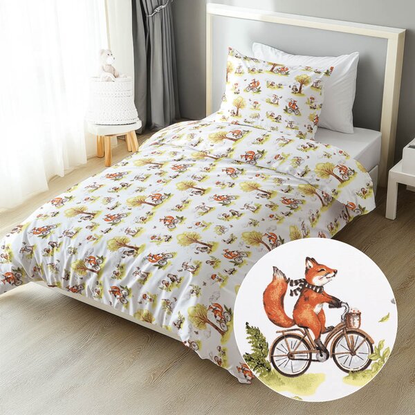 Biante Detské bavlnené posteľné obliečky Sandra SA-697 Líšky na bicykloch - zelené na bielom Jednolôžko 140x200 a 70x90 cm