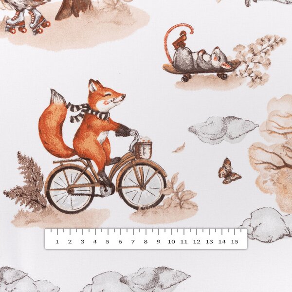 Biante Detský bavlnený behúň na stôl Sandra SA-696 Líšky na bicykloch - hnedé na bielom 20x120 cm