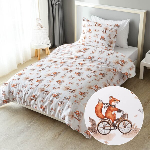 Biante Detské bavlnené posteľné obliečky Sandra SA-696 Líšky na bicykloch - hnedé na bielom Jednolôžko 140x200 a 70x90 cm