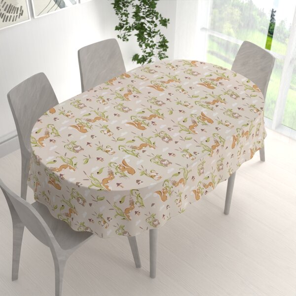 Biante Detský bavlnený oválny obrus Sandra SA-695 Veveričky a ježkovia na svetlo béžovom 50x100 cm