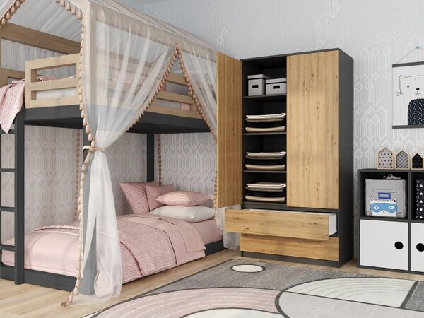Šatníková skriňa 90 cm so šuplíkmi TAAVI - dub artisan / antracitová