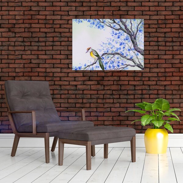 Obraz - Vtáčik na strome s modrými kvetmi (70x50 cm)