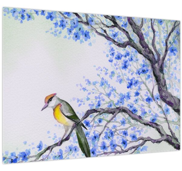 Obraz - Vtáčik na strome s modrými kvetmi (70x50 cm)
