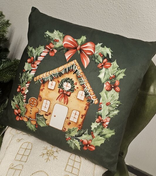 Zelená obliečka na vankúš s perníkovou chalúpkou - 45*45 cm - Clayre & Eef