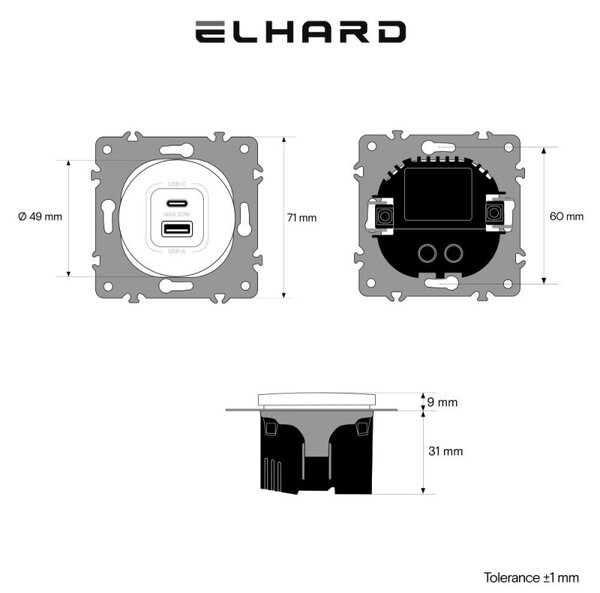 Elhard Okrúhla zásuvka USB A+C Rondo 20W, čierna RD2033B