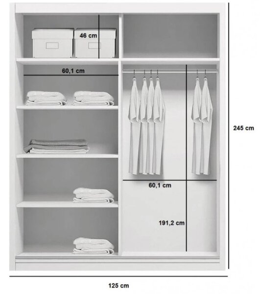 Priestranná šatníková skriňa so zrkadlom HUGO, šírka 125 cm, výška 245 cm