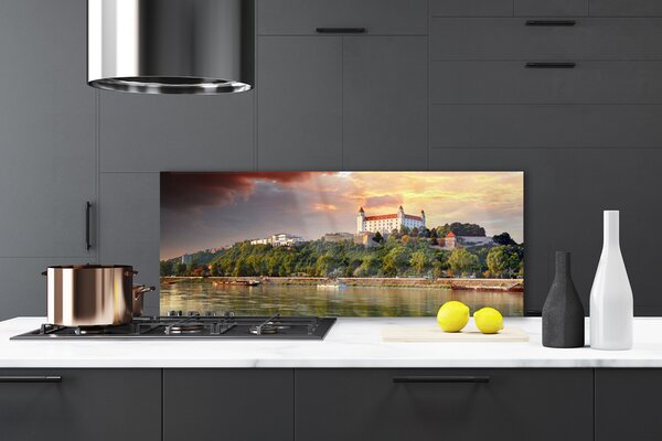 Sklenený obklad Do kuchyne Mesto jazero krajina 125x50 cm