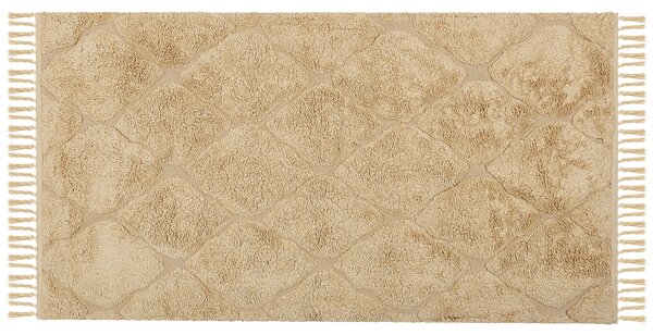 Koberec béžová bavlna 80 x 150 cm geometrický vzor so strapcami ručne všívaný boho moderný štýl obývačka spálňa