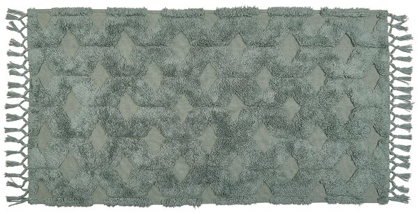 Koberec zelený bavlnený 80 x 150 cm geometrický vzor ručne všívaný so strapcami boho dizajn obývačka spálňa