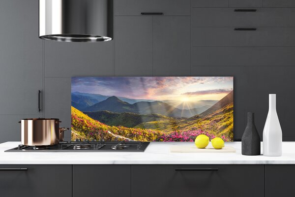 Sklenený obklad Do kuchyne Hora lúka slnko krajina 125x50 cm