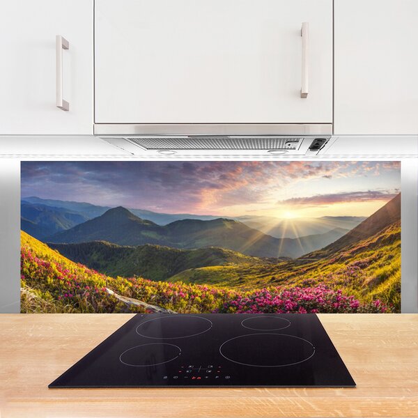 Sklenený obklad Do kuchyne Hora lúka slnko krajina 125x50 cm
