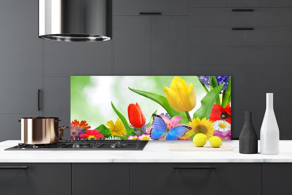 Sklenený obklad Do kuchyne Motýľ kvety príroda 125x50 cm